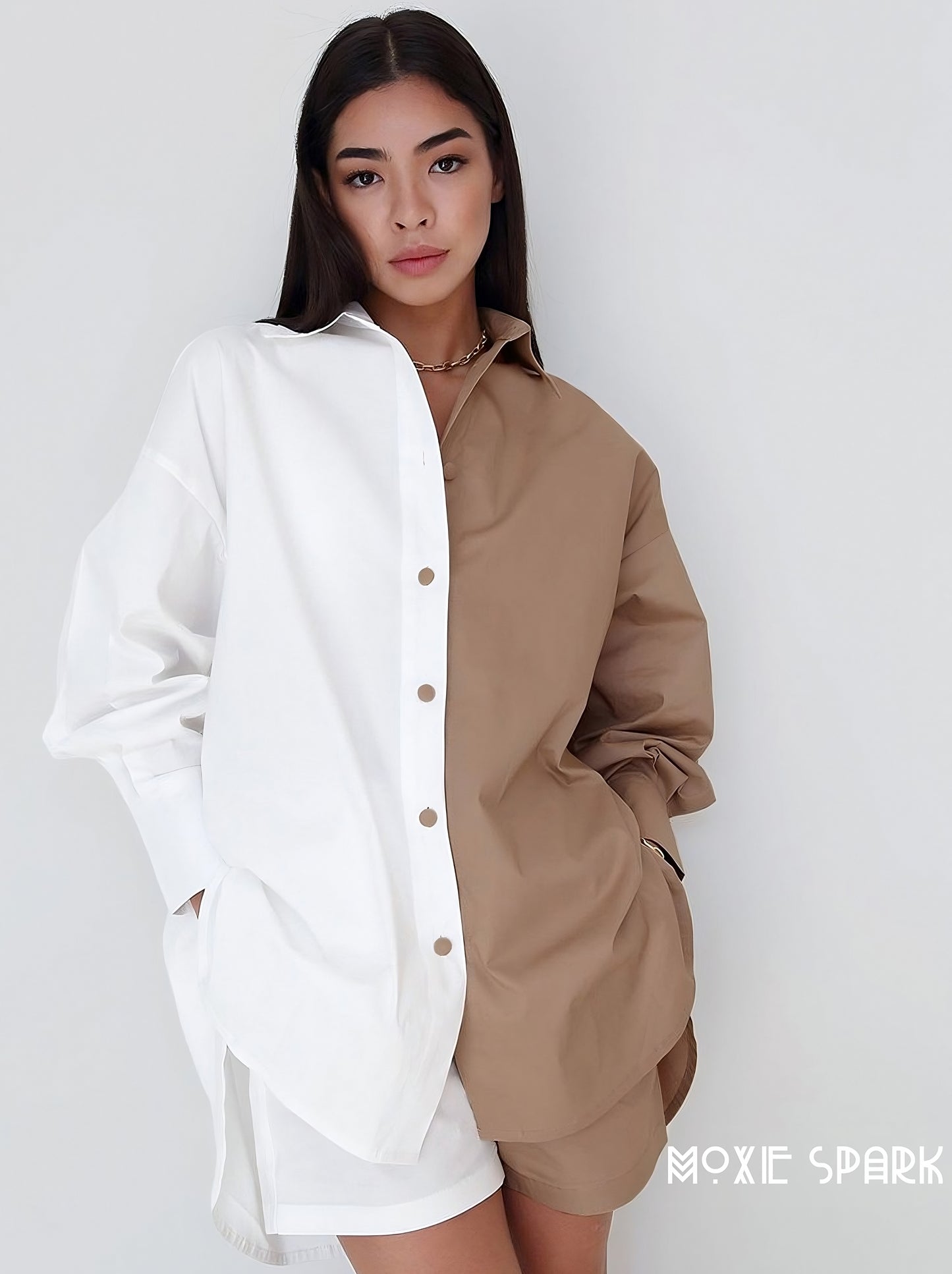 Elevate Your Casual Look with our New Women's Contrast Color Long Sleeve Shirt Shorts Two-Piece Suit