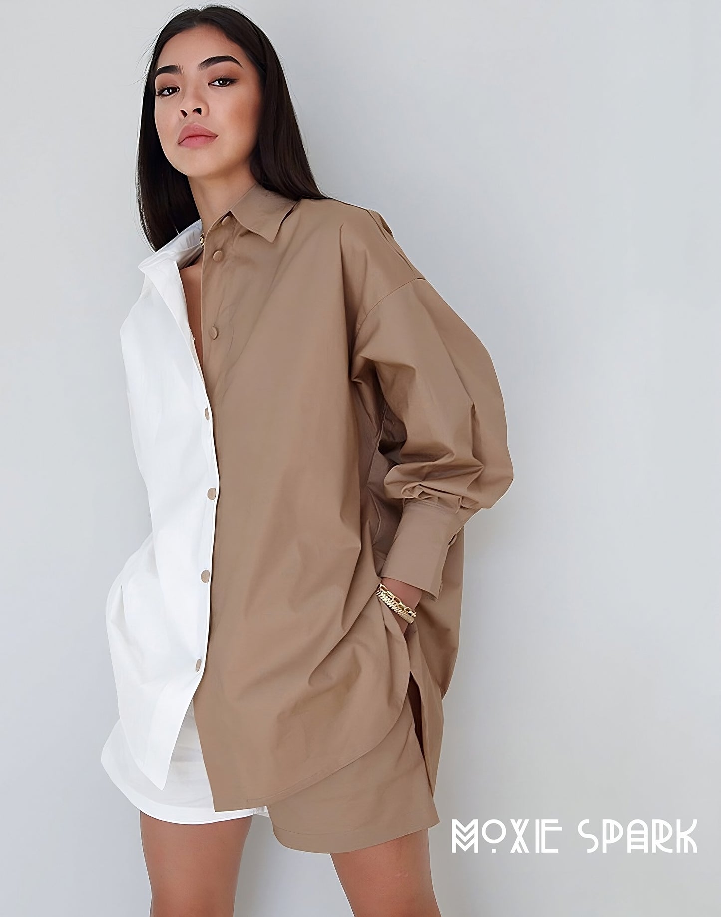 Elevate Your Casual Look with our New Women's Contrast Color Long Sleeve Shirt Shorts Two-Piece Suit